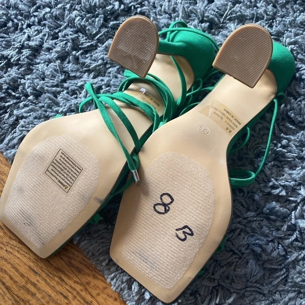 NWOT Fashion Nova Green Faux Suede Pay No Mind Heels Ankle Tie Heels Size 8.5